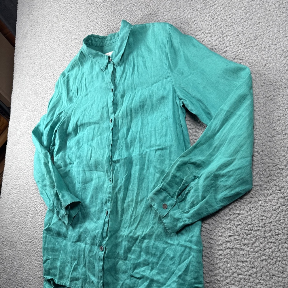 J Jill Love Linen Top Womens M Green Essential Shirt Button Up Coastal Resort - Picture 2 of 12